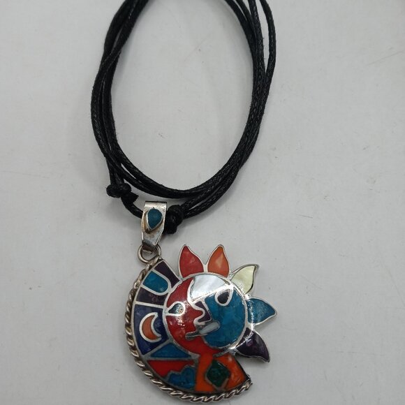 Peruvian Handmade Alpaca Natural Stone Sun Moon Necklace - Picture 4 of 7